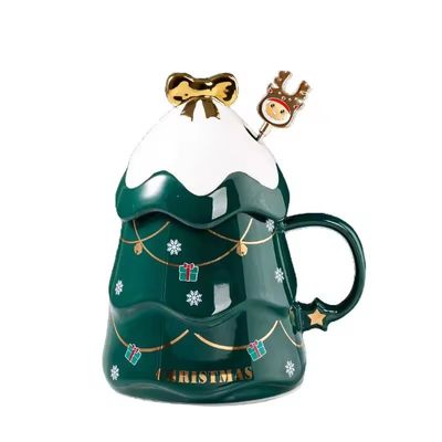 Christmas Tree Design Ceramic Mug With Lid and Spoon Customized Color Home Coffee Mug