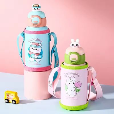 Portable Strap Water Bottle WITH LID Modern Design Cartoon Water Cup Stainless Steel
