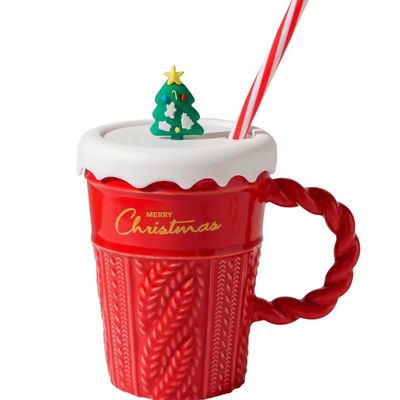 400ml Capacity Christmas Tree Ceramic Cup with Lid and Straw Sustainable Material