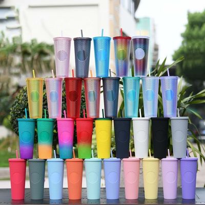 Reusable Diamond Drinking Cups 24 oz Multi Color Black Studded Tumbler WITH LID and Straw
