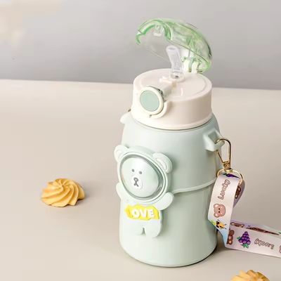 Children's Straw Water Cup With Strap Thermal Insulation Cute Cartoon Bear Insulated