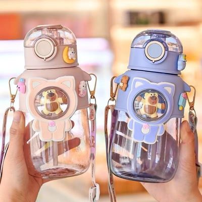 680ml PC PP Drinking Sports Bear Cartoon Kids Outdoor Plastic Water Bottle With Straw