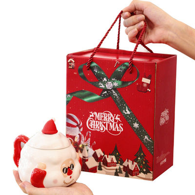 Customized Logo Acceptable Ceramic Mug with Lid Cute Christmas Snowman Design 3 Colors