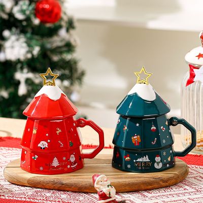 Sustainable Bone Ceramic Mug Gift Box Set With Lid Spoon Creative Christmas Tree Design