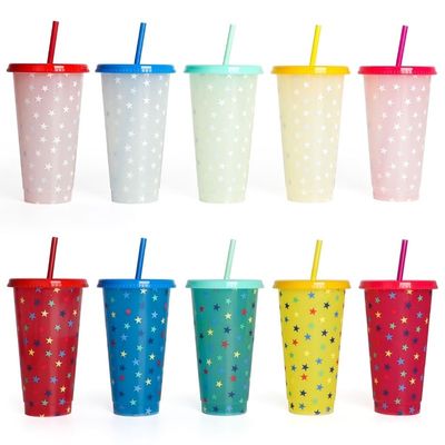 MUGS 24OZ BPA Free Plastic Soft Drink Tumbler with Color Changing Cups Lids and Straw