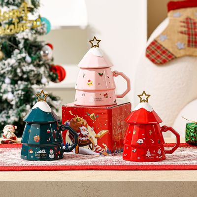 Christmas Tree Design Cartoon Ceramic Mug Gift Box Set With Lid Spoon In American Style