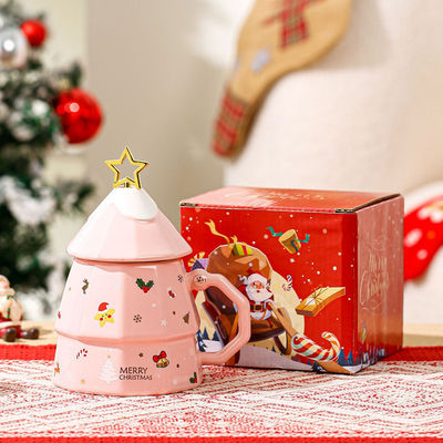 Christmas Tree Design Cartoon Ceramic Mug Gift Box Set With Lid Spoon In American Style