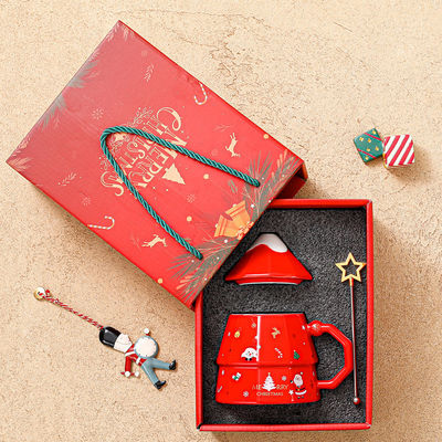 Christmas Tree Design Cartoon Ceramic Mug Gift Box Set With Lid Spoon In American Style