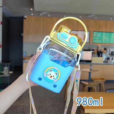 Square Double Drinking Mouth Plastic Water Bottle With Straw for Unisex Large Capacity