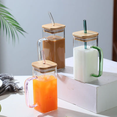 400ml Square Glass Bottle Custom Logo Leak-proof Juice Milk Coffee Cup WITH LID