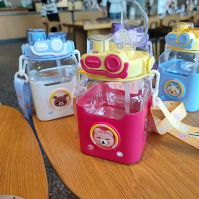 Student Plastic Water Bottle with Handle and Shoulder Strap 980ml Cartoon Design
