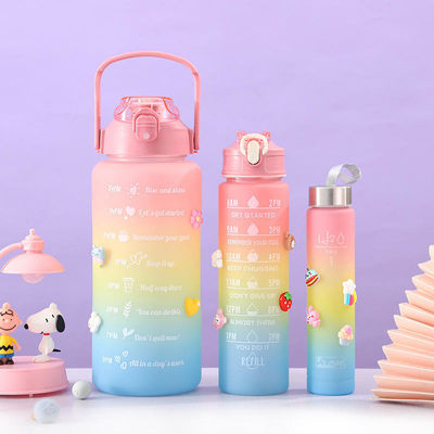 Motivational Trio of Black Thermos Bottles 3-in-1 Set with Pink Accents and Straw
