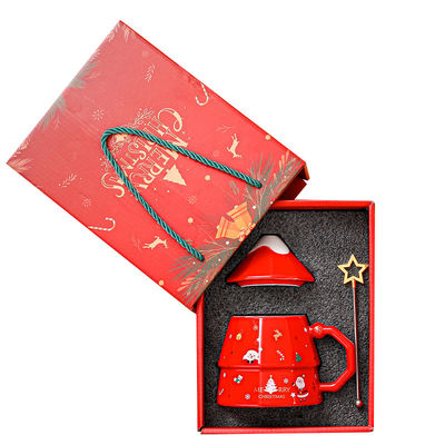7x12.5cm Ceramic Coffee Mug with Lid and Spoon Festive Christmas Tree Design Gift Box