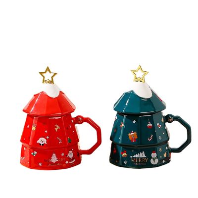 7x12.5cm Ceramic Coffee Mug with Lid and Spoon Festive Christmas Tree Design Gift Box