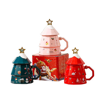 7x12.5cm Ceramic Coffee Mug with Lid and Spoon Festive Christmas Tree Design Gift Box