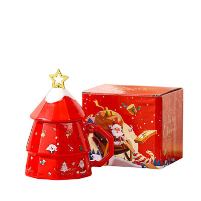 7x12.5cm Ceramic Coffee Mug with Lid and Spoon Festive Christmas Tree Design Gift Box