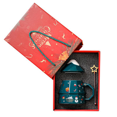 7x12.5cm Ceramic Coffee Mug with Lid and Spoon Festive Christmas Tree Design Gift Box
