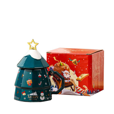 Large Capacity Christmas Tree Design Ceramic Cup with Lid and Spoon Sustainable Gift