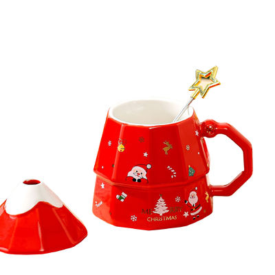 Large Capacity Christmas Tree Design Ceramic Cup with Lid and Spoon Sustainable Gift