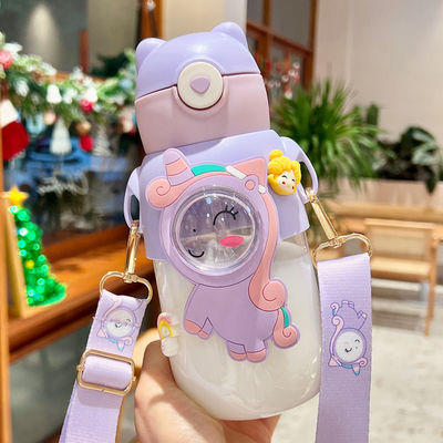 PC Material Cute Design Cartoon Plastic Water Bottle BPA Free Cup with Strap and Straw
