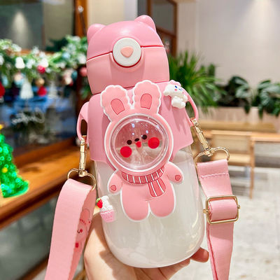 PC Material Cute Design Cartoon Plastic Water Bottle BPA Free Cup with Strap and Straw