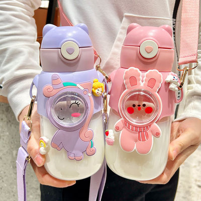 PC Material Cute Design Cartoon Plastic Water Bottle BPA Free Cup with Strap and Straw