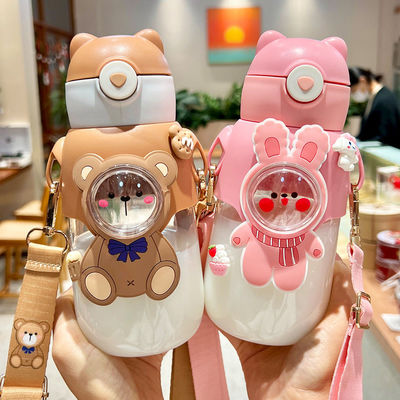 Direct Drinking Large Capacity Cute Cartoon Bear Rabbit Plastic Water Bottle With Straw