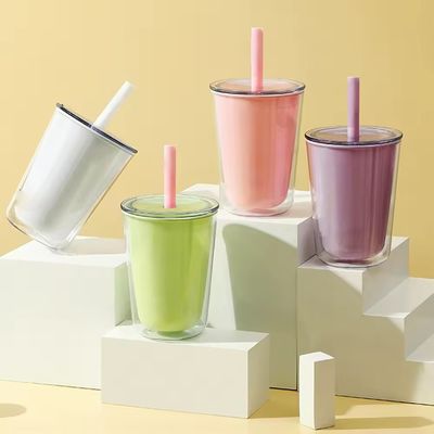 TOUR Double Wall Portable Plastic Water Bottle With Straw Large Capacity Beverage Cup