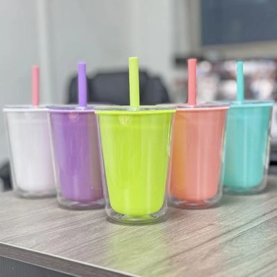 TOUR Double Wall Portable Plastic Water Bottle With Straw Large Capacity Beverage Cup