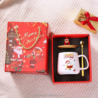 Christmas Gift Ceramic Mugs with Spoon 400ml Reusable Porcelain Coffee Cup Decoration