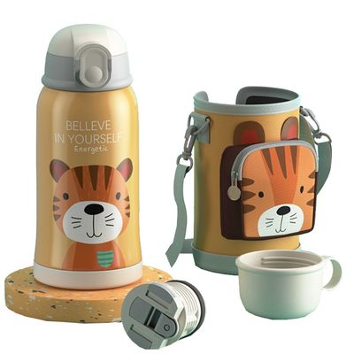 Portable 550ml Stainless Steel Thermos with Cup Sleeve and Straw Cartoon Design