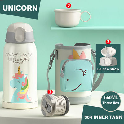 Portable 550ml Stainless Steel Thermos with Cup Sleeve and Straw Cartoon Design