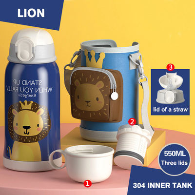 Portable 550ml Stainless Steel Thermos with Cup Sleeve and Straw Cartoon Design