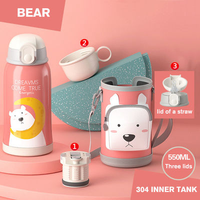 Portable 550ml Stainless Steel Thermos with Cup Sleeve and Straw Cartoon Design