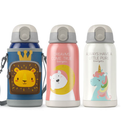 Portable 550ml Stainless Steel Thermos with Cup Sleeve and Straw Cartoon Design