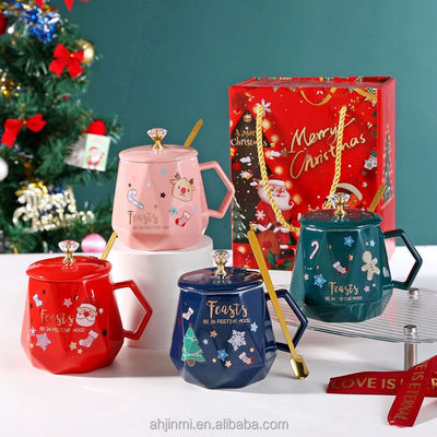 Christmas Mug 400ml Attractive Design Ceramic Reusable Porcelain Coffee Cup with Spoon