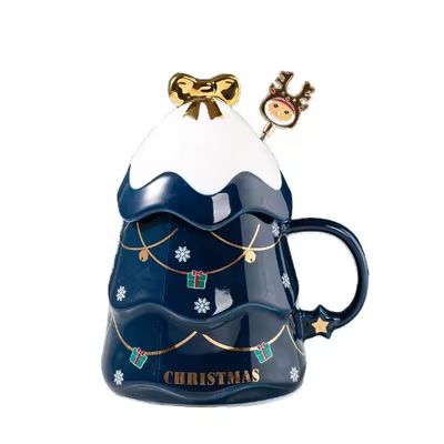 Christmas Tree Design Ceramic Mug With Lid and Spoon Customized Color Home Coffee Mug