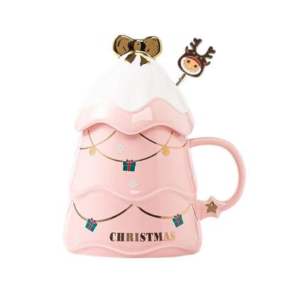 Christmas Tree Design Ceramic Mug With Lid and Spoon Customized Color Home Coffee Mug
