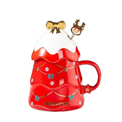 Christmas Tree Design Ceramic Mug With Lid and Spoon Customized Color Home Coffee Mug
