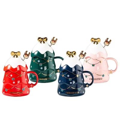 Christmas Tree Design Ceramic Mug With Lid and Spoon Customized Color Home Coffee Mug