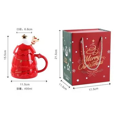 Christmas Tree Design Ceramic Mug With Lid and Spoon Customized Color Home Coffee Mug