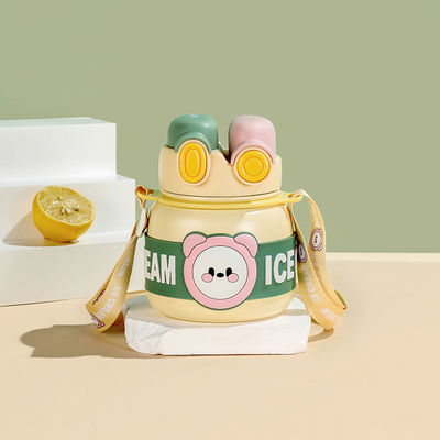 850ml Children's Cup Cartoon Double Drinking Straw Stainless Steel Vacuum Insulated Thermos Flask