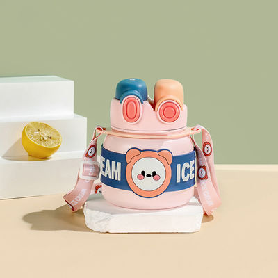 850ml Children's Cup Cartoon Double Drinking Straw Stainless Steel Vacuum Insulated Thermos Flask