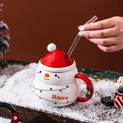 Ceramic Snowman Mug With Lid And Spoon 16 OZ Christmas Gift Cup for Coffee Tea And Milk