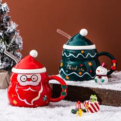 Ceramic Snowman Mug With Lid And Spoon 16 OZ Christmas Gift Cup for Coffee Tea And Milk