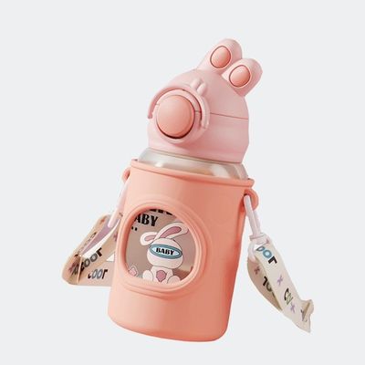 680ml Cartoon Straw Silicone Leather Cover Vacuum Insulated Water Bottle For Children Kids