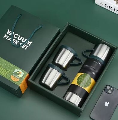 Light Grey Business Custom Gift Set 680ml Insulated Water Bottle Double Wall 304 Stainless Steel Thermos Vacuum Flask With 2 Cups
