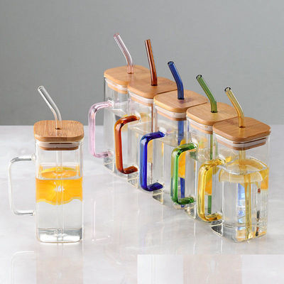 Morden Luxury Square Shape Children Glass Drinking Juice Milk Cup with Colored Handle Bamboo Lid Glass Straw