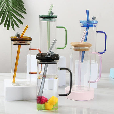 Morden Luxury Square Shape Children Glass Drinking Juice Milk Cup with Colored Handle Bamboo Lid Glass Straw