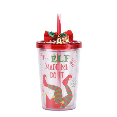 Double-layer BAP FREE Plastic Christmas Design Straw Drinking Water Cup with Bell 115g